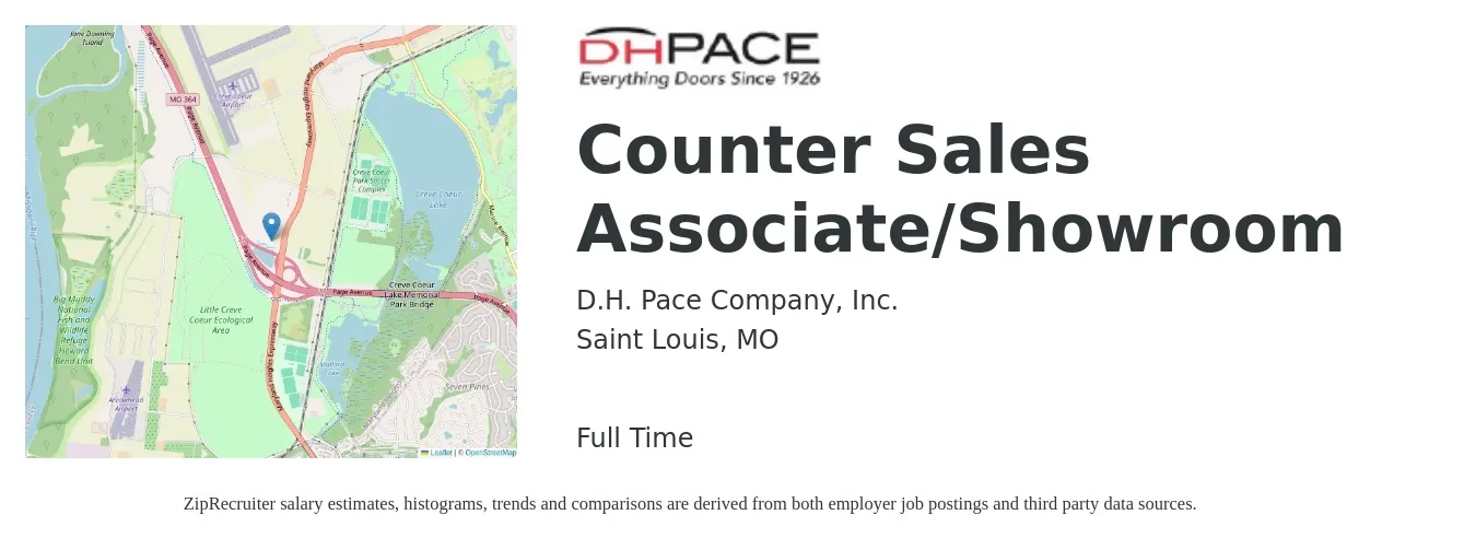 D.H. Pace Company, Inc. job posting for a Counter Sales Associate/Showroom in Saint Louis, MO with a salary of $15 to $19 Hourly with a map of Saint Louis location.
