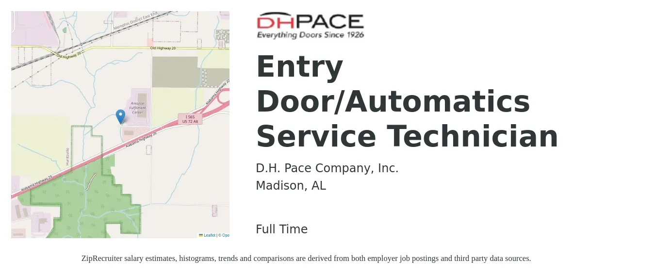 D.H. Pace Company, Inc. job posting for a Entry Door/Automatics Service Technician in Madison, AL with a salary of $18 to $27 Hourly with a map of Madison location.
