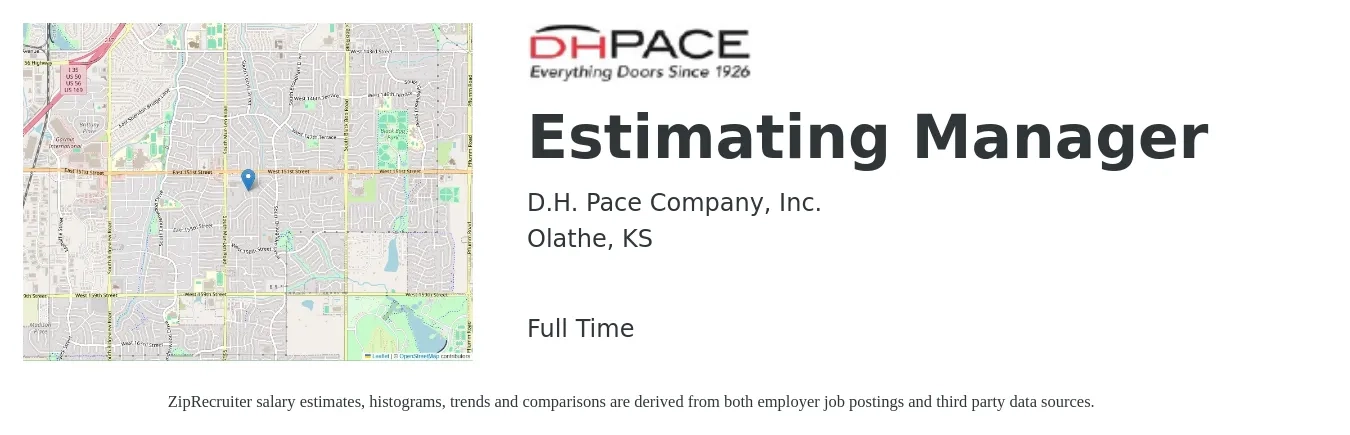 D.H. Pace Company, Inc. job posting for a Estimating Manager in Olathe, KS with a salary of $47,300 to $110,200 Yearly with a map of Olathe location.