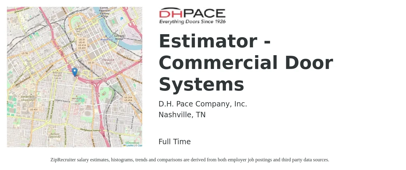 D.H. Pace Company, Inc. job posting for a Estimator - Commercial Door Systems in Nashville, TN with a salary of $57,200 to $95,800 Yearly with a map of Nashville location.