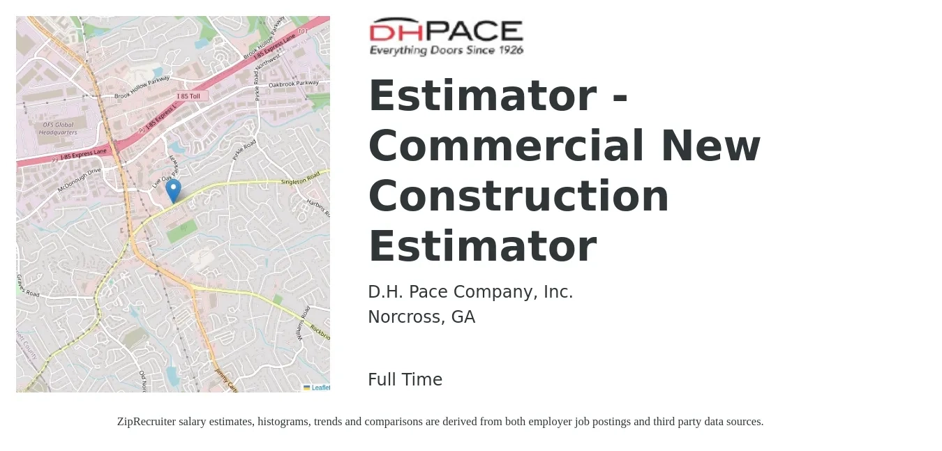 D.H. Pace Company, Inc. job posting for a Estimator - Commercial New Construction Estimator in Norcross, GA with a salary of $68,900 to $100,800 Yearly with a map of Norcross location.