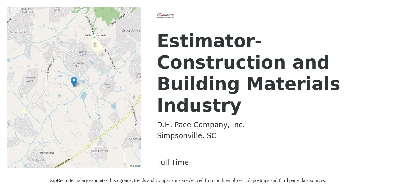 D.H. Pace Company, Inc. job posting for a Estimator-Construction and Building Materials Industry in Simpsonville, SC with a salary of $55,400 to $88,500 Yearly with a map of Simpsonville location.