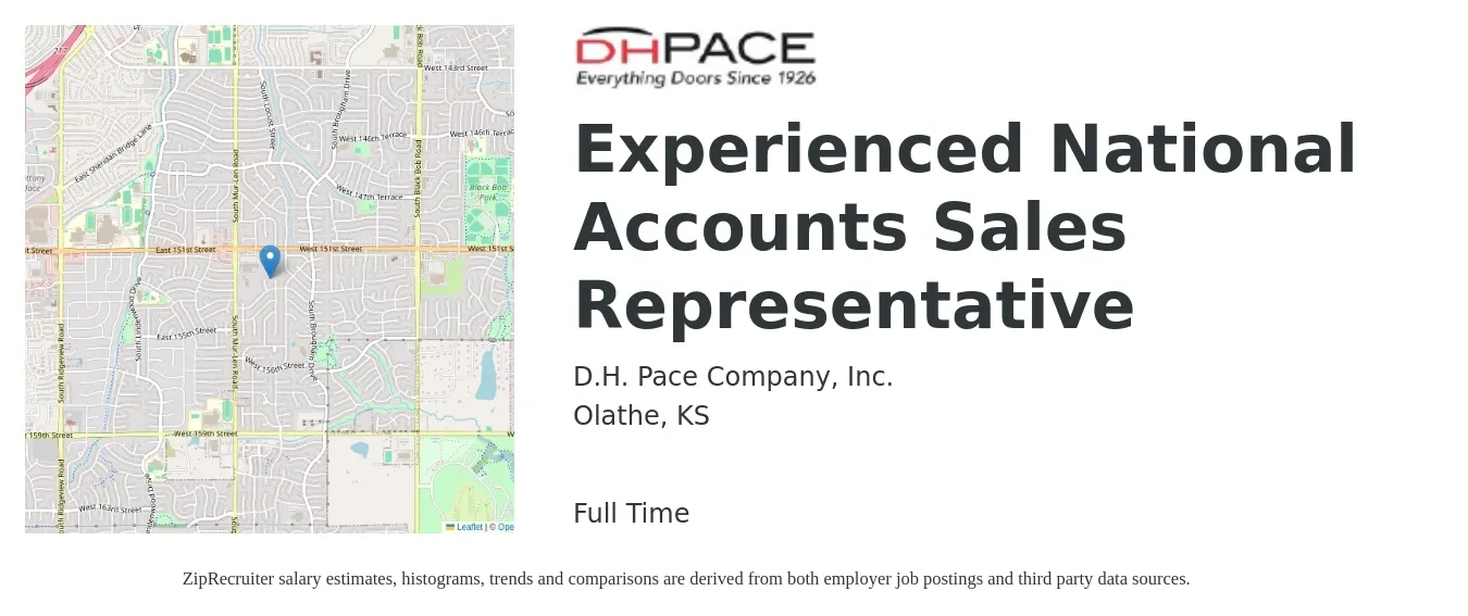 DH Pace Company, Inc. job posting for a Experienced National Accounts Sales Representative in Olathe, KS with a salary of $50,100 to $89,900 Yearly with a map of Olathe location.
