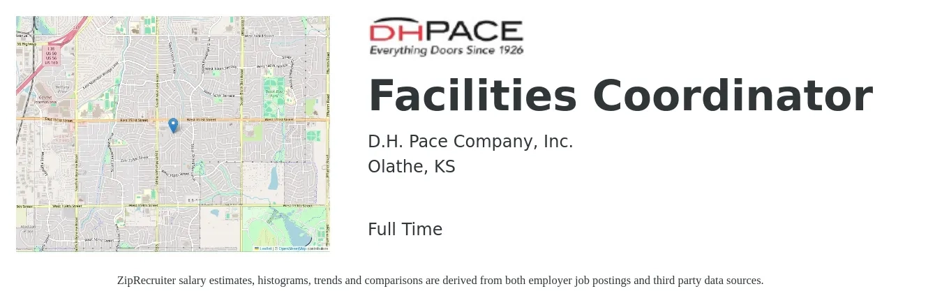 D.H. Pace Company, Inc. job posting for a Facilities Coordinator in Olathe, KS with a salary of $19 to $26 Hourly with a map of Olathe location.