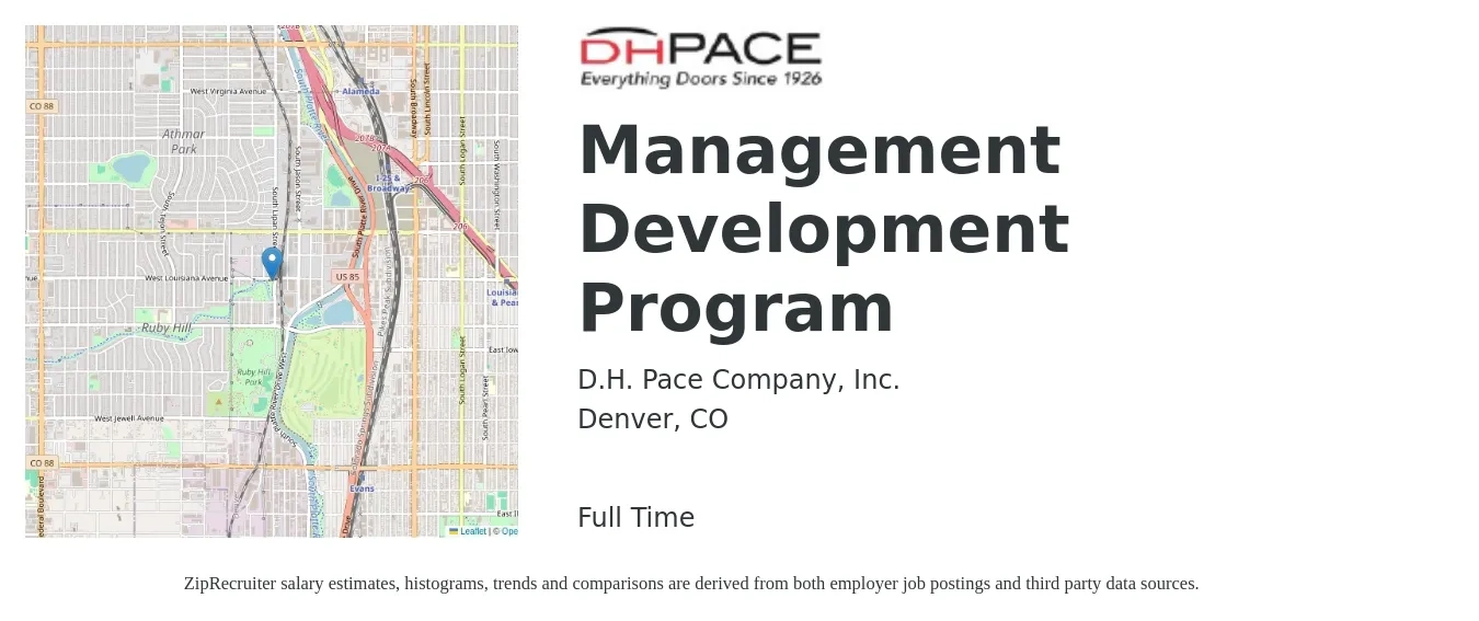 D.H. Pace Company, Inc. job posting for a Management Development Program in Denver, CO with a salary of $84,400 to $149,100 Yearly with a map of Denver location.