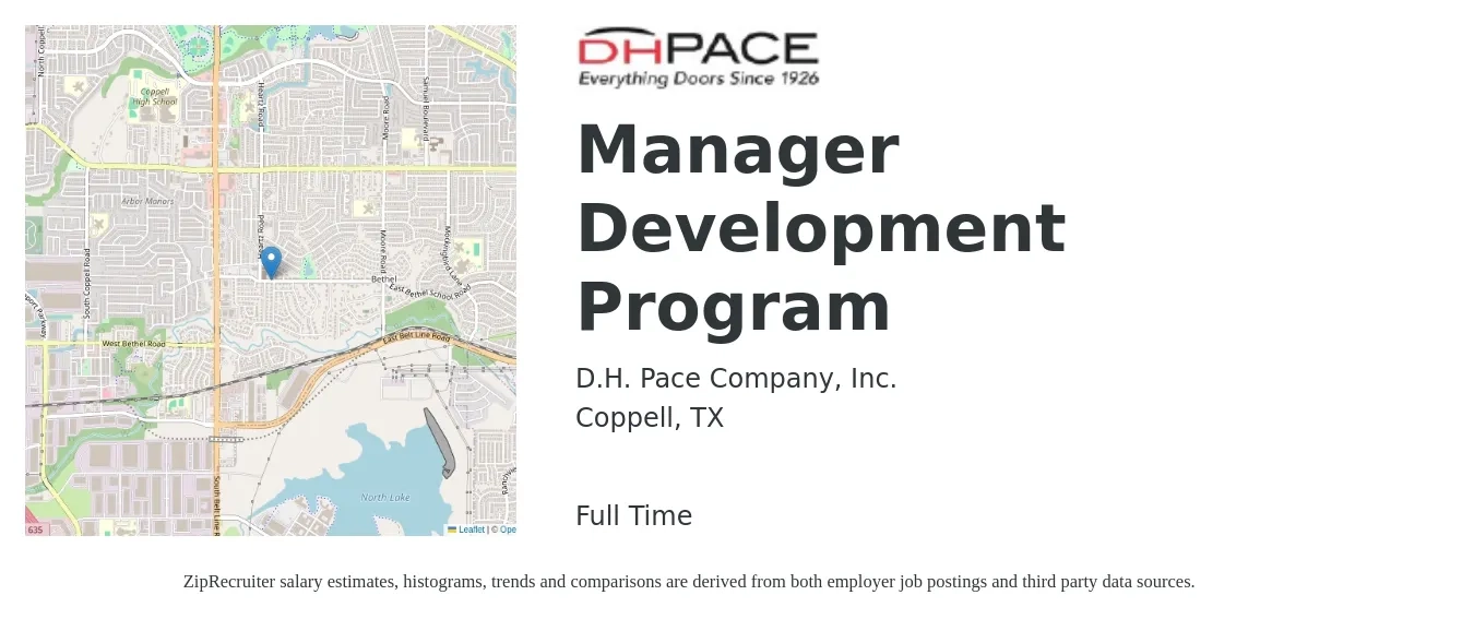 D.H. Pace Company, Inc. job posting for a Manager Development Program in Coppell, TX with a salary of $75,300 to $132,900 Yearly with a map of Coppell location.