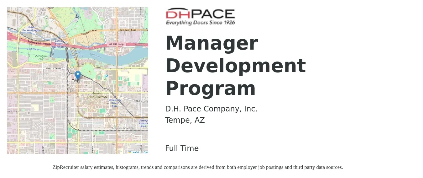 D.H. Pace Company, Inc. job posting for a Manager Development Program in Tempe, AZ with a salary of $79,200 to $139,900 Yearly with a map of Tempe location.