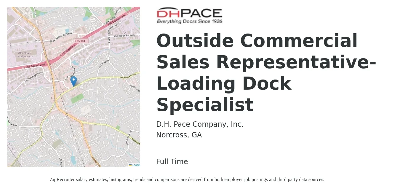 D.H. Pace Company, Inc. job posting for a Outside Commercial Sales Representative-Loading Dock Specialist in Norcross, GA with a salary of $49,200 to $84,400 Yearly with a map of Norcross location.