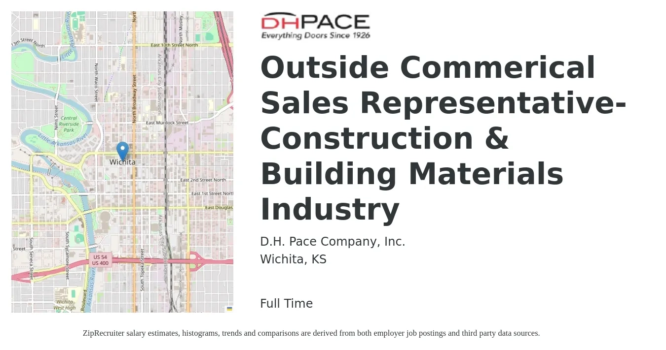 D.H. Pace Company, Inc. job posting for a Outside Commerical Sales Representative-Construction & Building Materials Industry in Wichita, KS with a salary of $47,000 to $80,600 Yearly with a map of Wichita location.