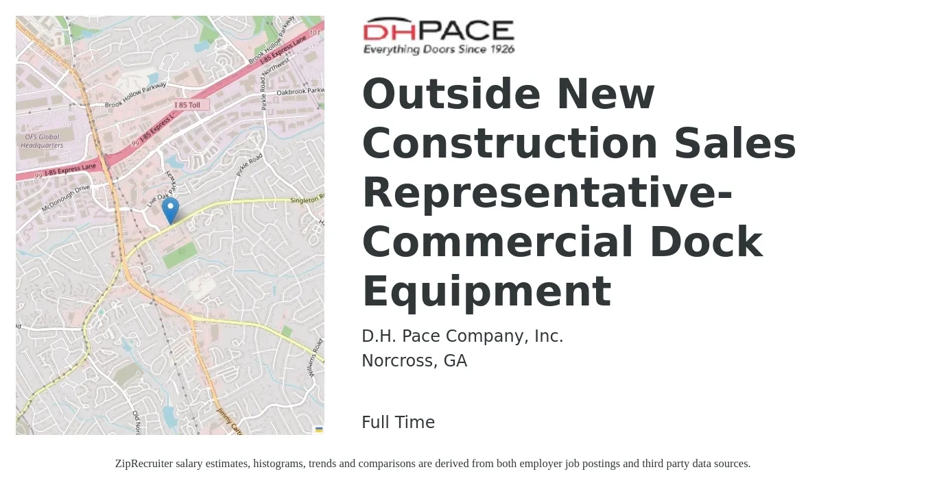 D.H. Pace Company, Inc. job posting for a Outside New Construction Sales Representative-Commercial Dock Equipment in Norcross, GA with a salary of $49,200 to $84,400 Yearly with a map of Norcross location.
