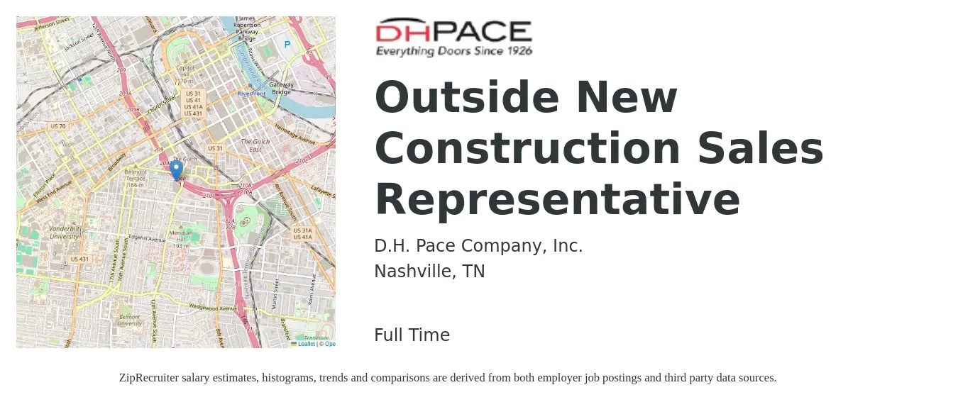 D.H. Pace Company, Inc. job posting for a Outside New Construction Sales Representative in Nashville, TN with a salary of $47,600 to $81,700 Yearly with a map of Nashville location.