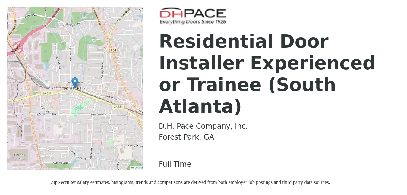 D.H. Pace Company, Inc. job posting for a Residential Door Installer Experienced or Trainee (South Atlanta) in Forest Park, GA with a salary of $18 to $28 Hourly with a map of Forest Park location.