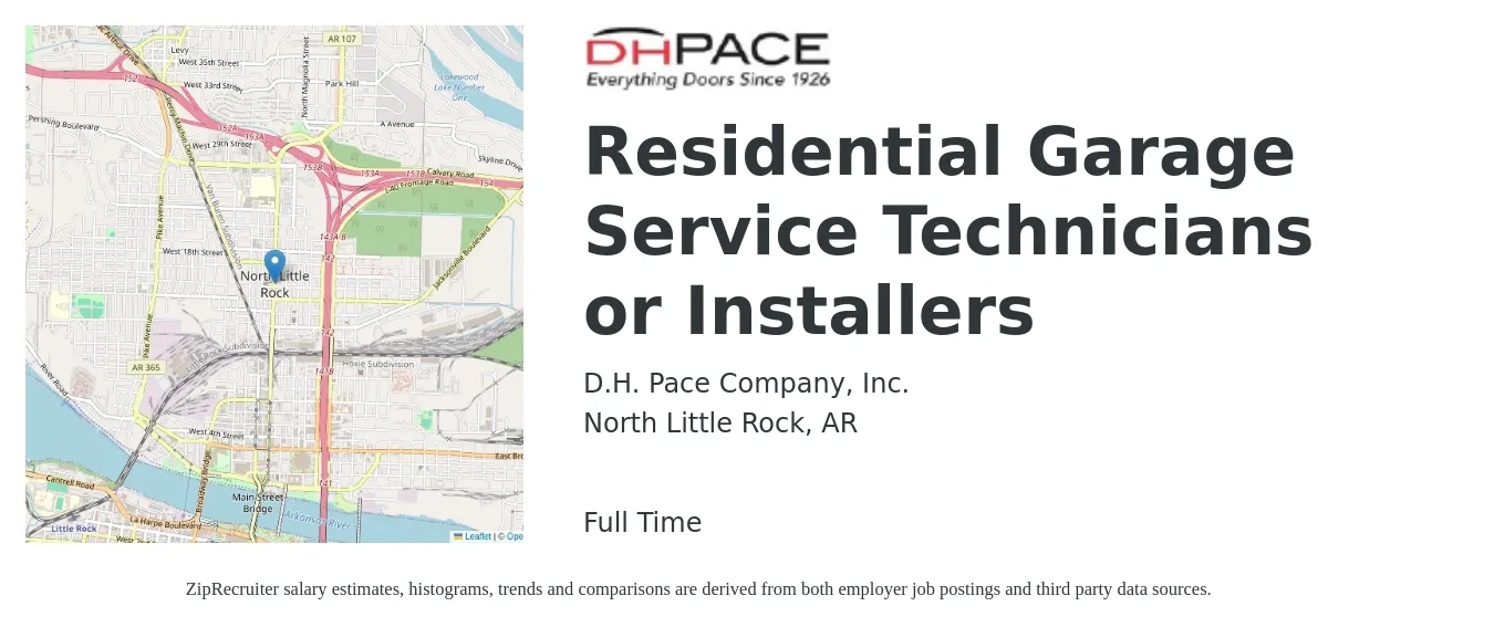 D.H. Pace Company, Inc. job posting for a Residential Garage Service Technicians or Installers in North Little Rock, AR with a salary of $19 to $27 Hourly with a map of North Little Rock location.