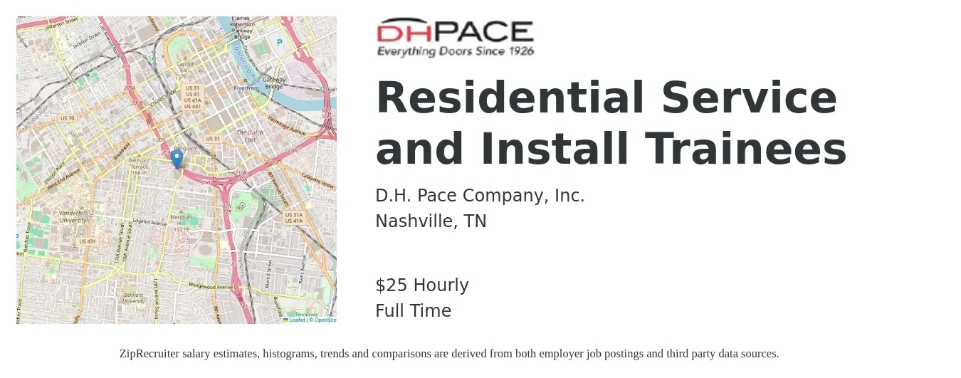 D.H. Pace Company, Inc. job posting for a Residential Service and Install Trainees in Nashville, TN with a salary of $26 Hourly with a map of Nashville location.