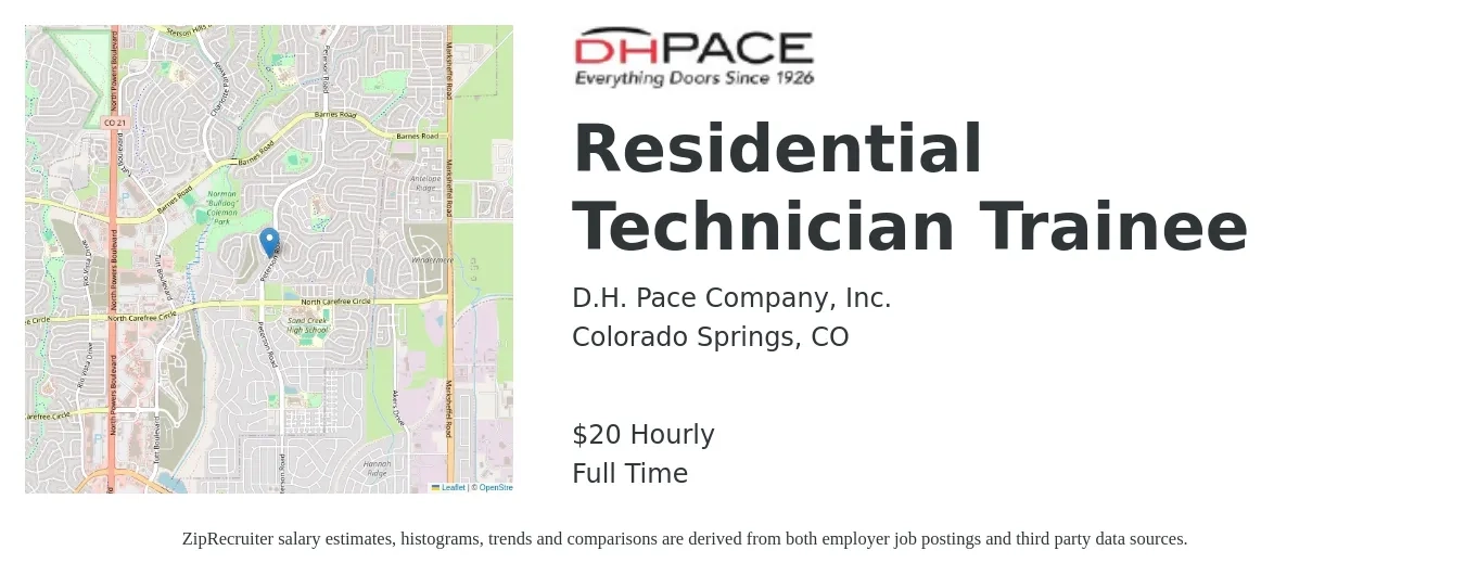 D.H. Pace Company, Inc. job posting for a Residential Technician Trainee in Colorado Springs, CO with a salary of $21 Hourly with a map of Colorado Springs location.
