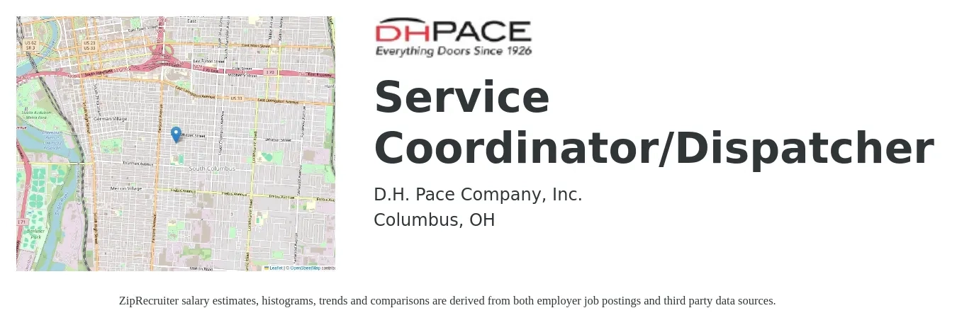 D.H. Pace Company, Inc. job posting for a Service Coordinator/Dispatcher in Columbus, OH with a salary of $18 to $33 Hourly with a map of Columbus location.