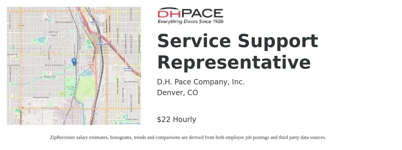 D.H. Pace Company, Inc. job posting for a Service Support Representative in Denver, CO with a salary of $23 Hourly with a map of Denver location.