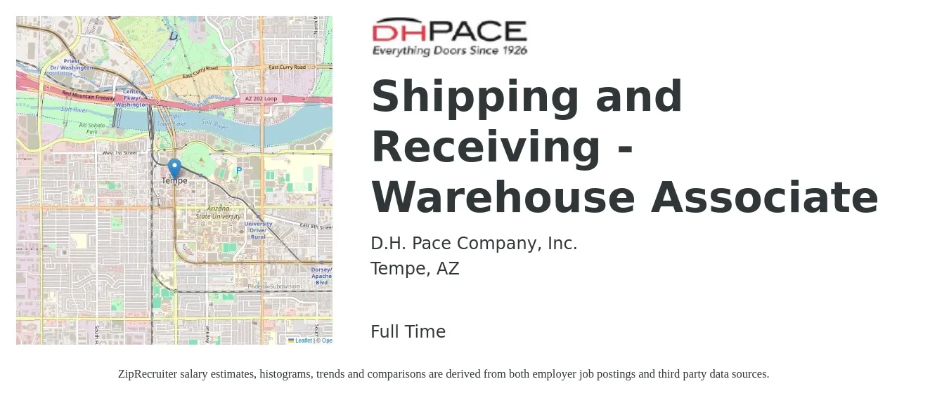 D.H. Pace Company, Inc. job posting for a Shipping and Receiving - Warehouse Associate in Tempe, AZ with a salary of $17 to $19 Hourly with a map of Tempe location.
