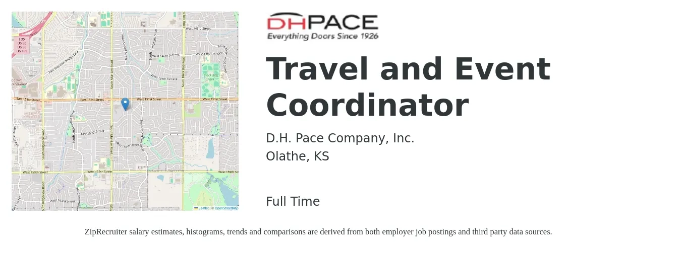 DH Pace Company, Inc. job posting for a Travel and Event Coordinator in Olathe, KS with a salary of $19 to $27 Hourly with a map of Olathe location.