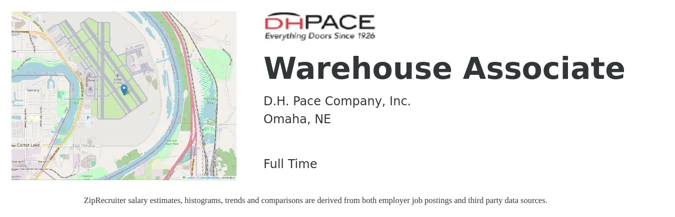 DH Pace Company, Inc. job posting for a Warehouse Associate in Omaha, NE with a salary of $16 to $18 Hourly with a map of Omaha location.