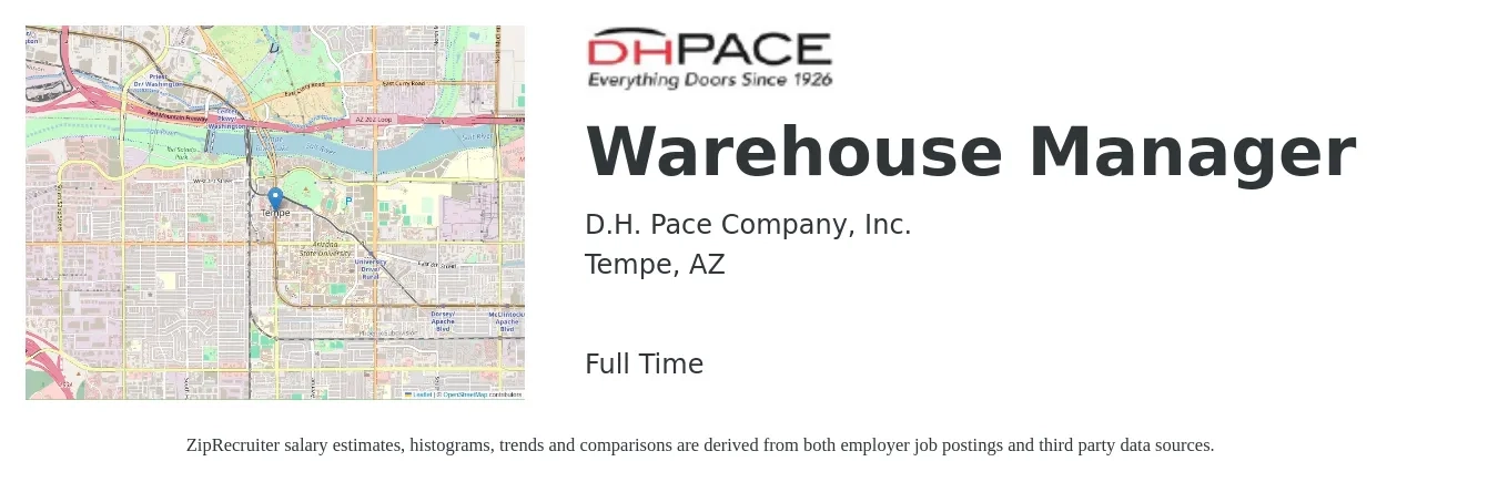 D.H. Pace Company, Inc. job posting for a Warehouse Manager in Tempe, AZ with a salary of $45,500 to $64,600 Yearly with a map of Tempe location.
