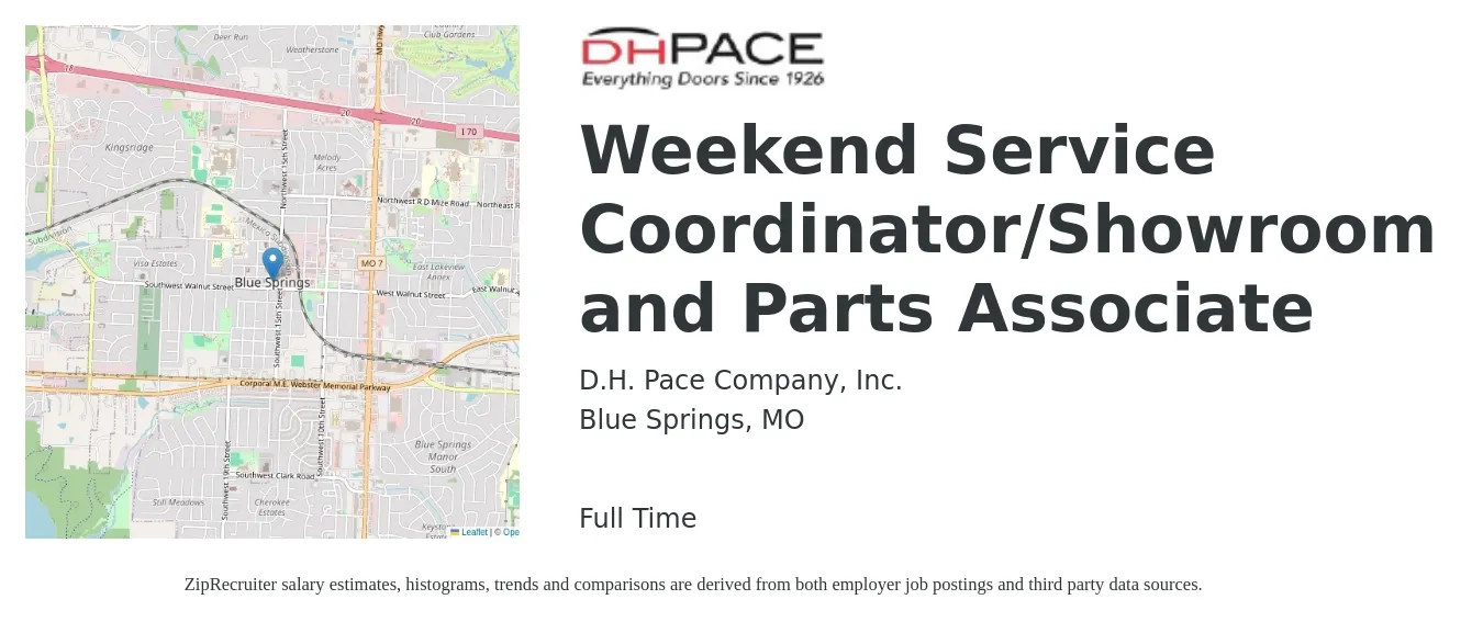D.H. Pace Company, Inc. job posting for a Weekend Service Coordinator/Showroom and Parts Associate in Blue Springs, MO with a salary of $15 to $20 Hourly with a map of Blue Springs location.
