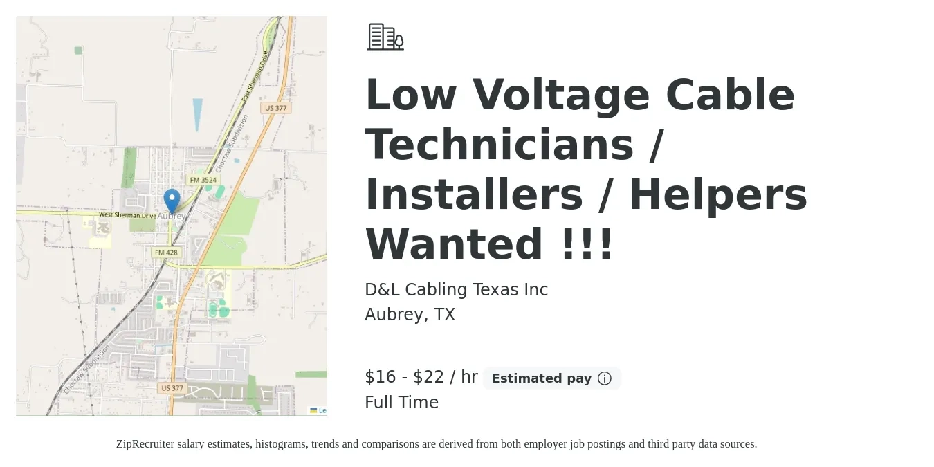 D&L Cabling Texas Inc job posting for a Low Voltage Cable Technicians / Installers / Helpers Wanted !!! in Aubrey, TX with a salary of $18 to $24 Hourly with a map of Aubrey location.