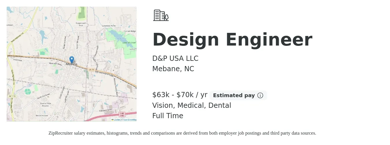 D&P USA LLC job posting for a Design Engineer in Mebane, NC with a salary of $63,000 to $70,000 Yearly and benefits including medical, pto, retirement, vision, and dental with a map of Mebane location.