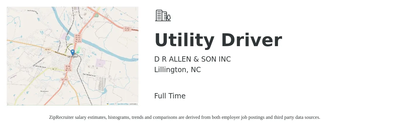D R ALLEN & SON INC job posting for a Utility Driver in Lillington, NC with a salary of $16 to $24 Hourly with a map of Lillington location.