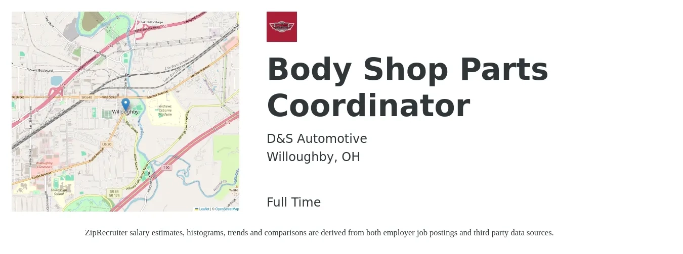 D&S Automotive job posting for a Body Shop Parts Coordinator in Willoughby, OH with a salary of $35,000 to $37,500 Yearly with a map of Willoughby location.