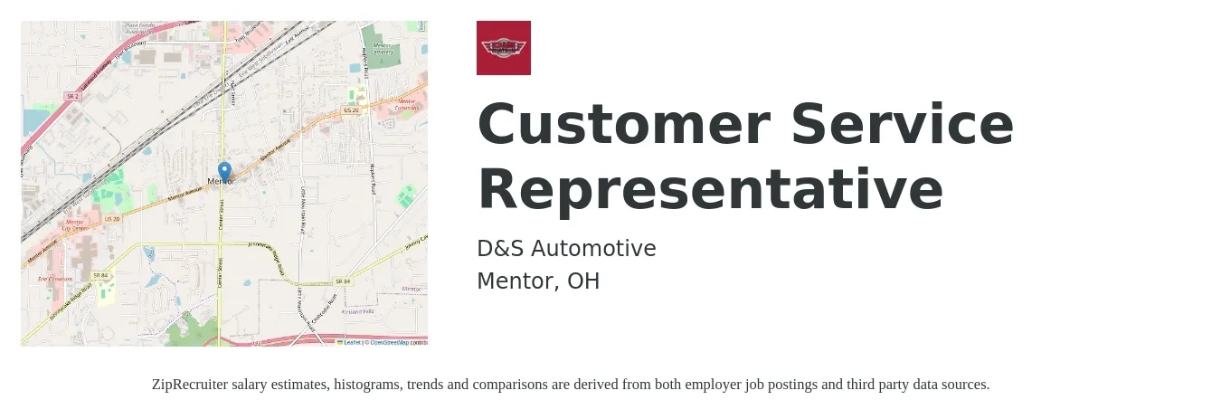 D&S Automotive job posting for a Customer Service Representative in Mentor, OH with a salary of $22 to $23 Hourly with a map of Mentor location.