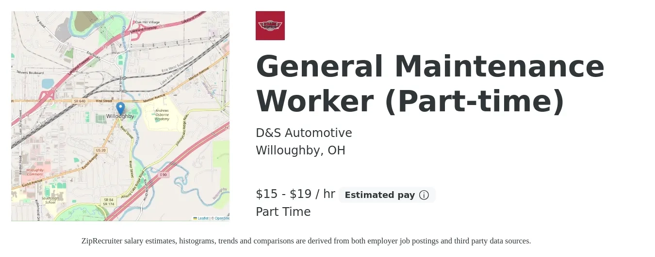 D&S Automotive job posting for a General Maintenance Worker (Part-time) in Willoughby, OH with a salary of $16 to $20 Hourly with a map of Willoughby location.