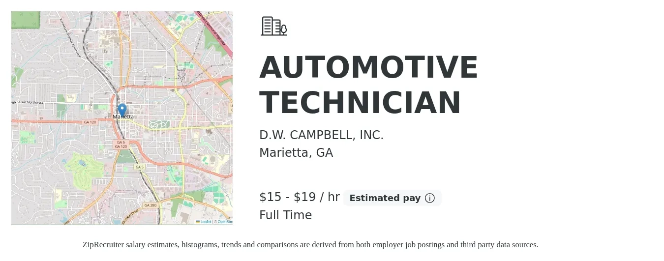 D.W. CAMPBELL, INC. job posting for a AUTOMOTIVE TECHNICIAN in Marietta, GA with a salary of $16 to $20 Hourly with a map of Marietta location.