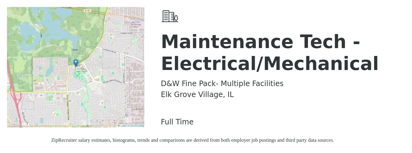 D&W Fine Pack- Multiple Facilities job posting for a Maintenance Tech - Electrical/Mechanical in Elk Grove Village, IL with a salary of $25 to $37 Hourly with a map of Elk Grove Village location.