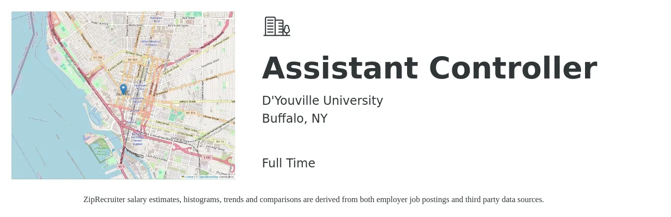 D'Youville University job posting for a Assistant Controller in Buffalo, NY with a salary of $85,000 to $92,000 Yearly with a map of Buffalo location.