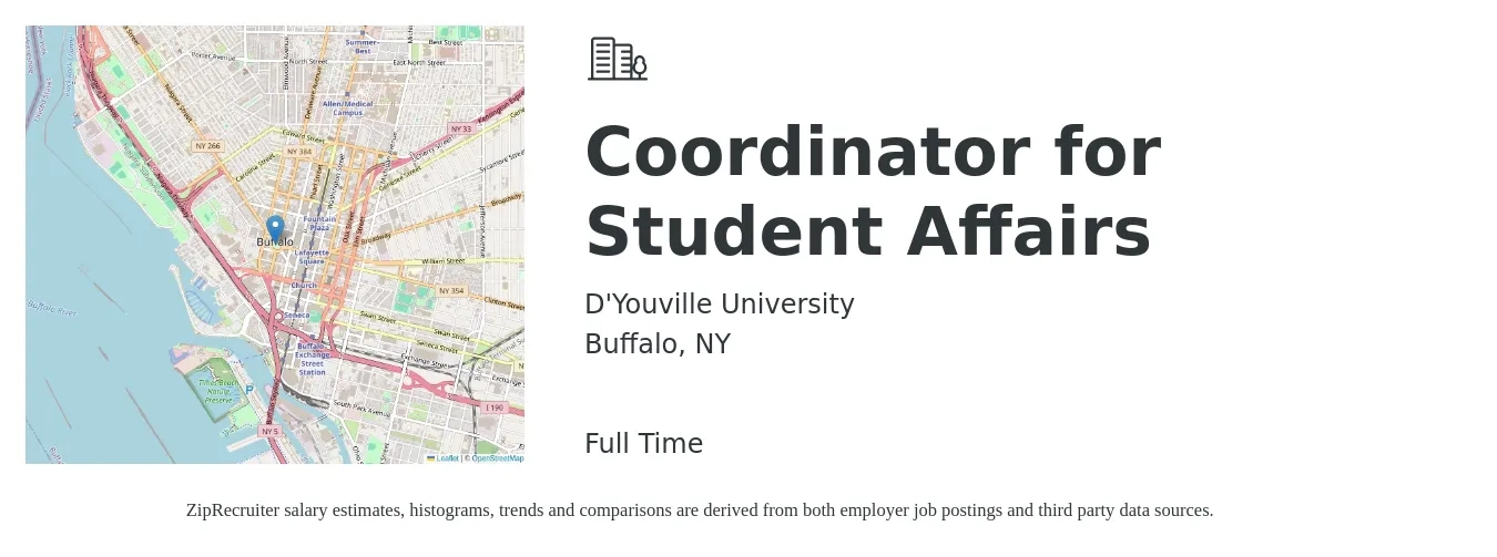 D'Youville University job posting for a Coordinator for Student Affairs in Buffalo, NY with a salary of $39,700 to $55,700 Yearly with a map of Buffalo location.