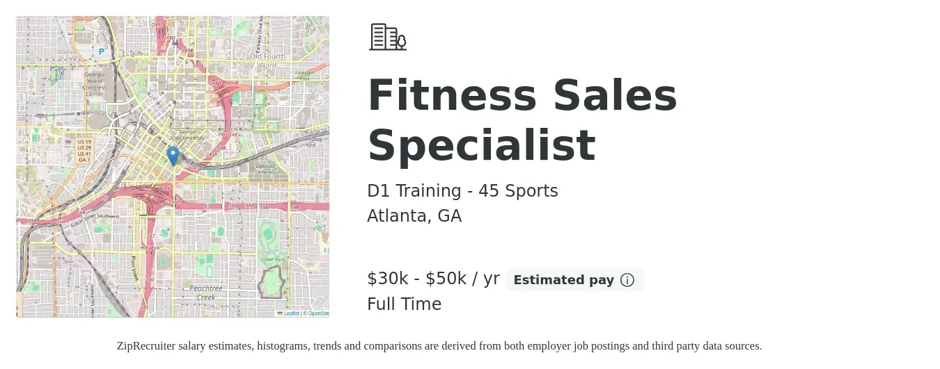 D1 Training - 45 Sports job posting for a Fitness Sales Specialist in Atlanta, GA with a salary of $30,000 to $50,000 Yearly with a map of Atlanta location.