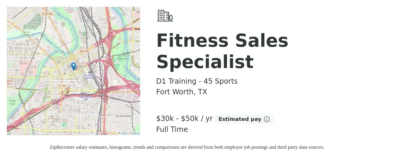 D1 Training - 45 Sports job posting for a Fitness Sales Specialist in Fort Worth, TX with a salary of $30,000 to $50,000 Yearly with a map of Fort Worth location.