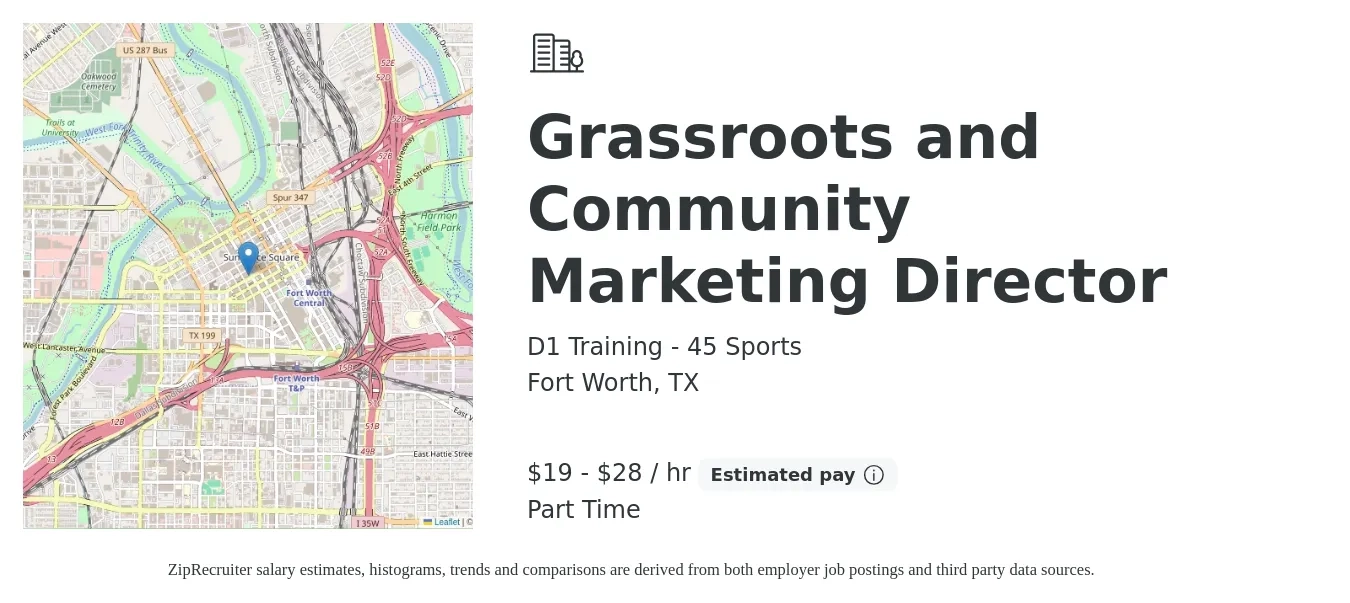 D1 Training - 45 Sports job posting for a Grassroots and Community Marketing Director in Fort Worth, TX with a salary of $20 to $30 Hourly with a map of Fort Worth location.