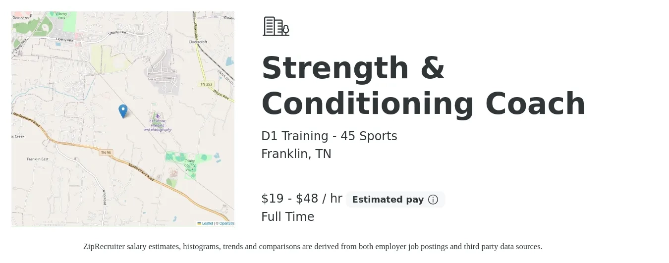 D1 Training - 45 Sports job posting for a Strength & Conditioning Coach in Franklin, TN with a salary of $20 to $50 Hourly with a map of Franklin location.
