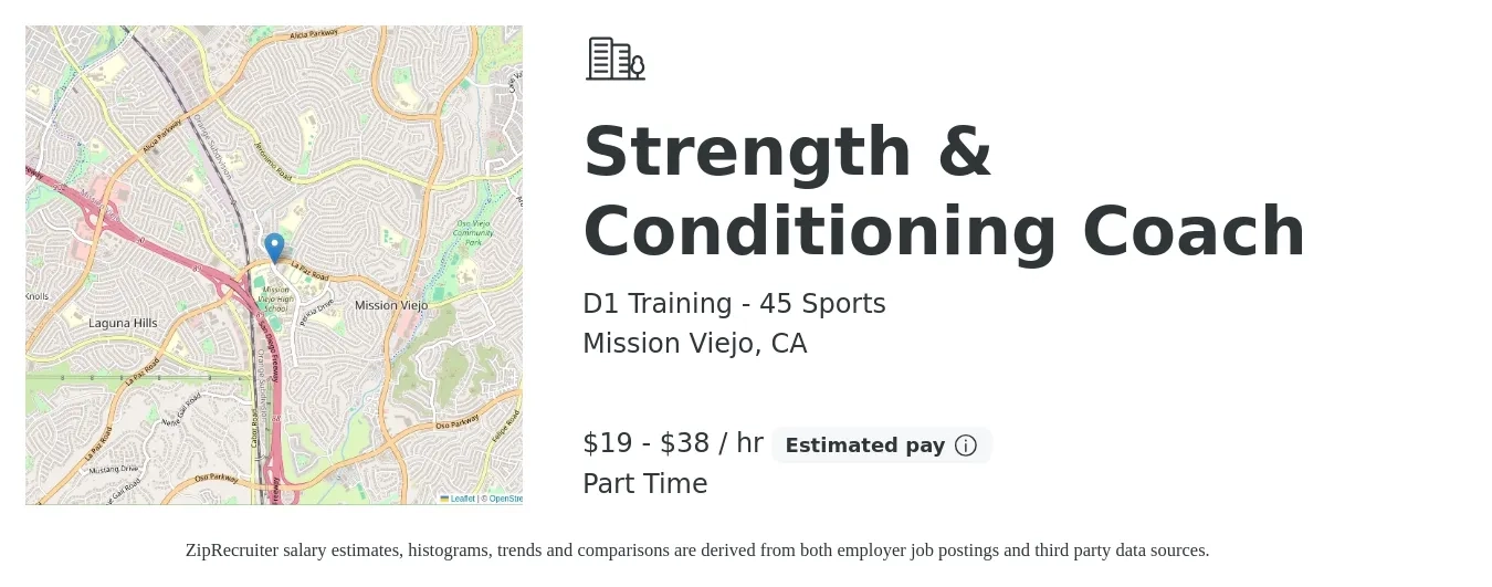 D1 Training - 45 Sports job posting for a Strength & Conditioning Coach in Mission Viejo, CA with a salary of $20 to $40 Hourly with a map of Mission Viejo location.