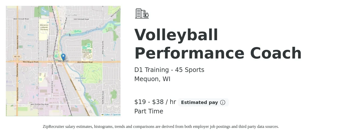 D1 Training - 45 Sports job posting for a Volleyball Performance Coach in Mequon, WI with a salary of $20 to $40 Hourly with a map of Mequon location.