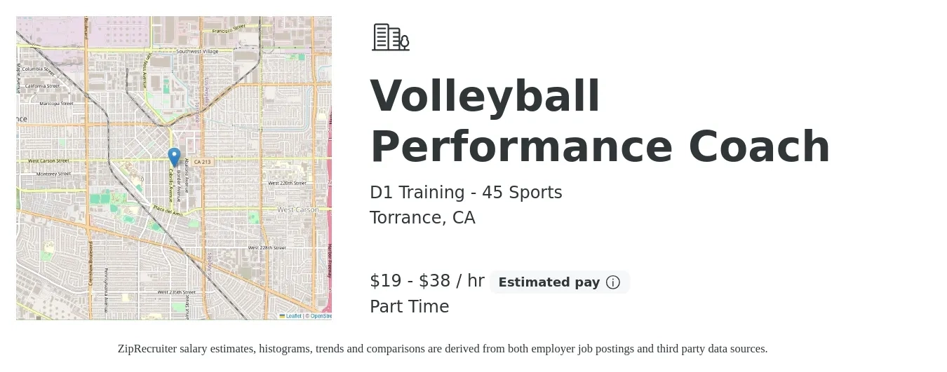 D1 Training - 45 Sports job posting for a Volleyball Performance Coach in Torrance, CA with a salary of $20 to $40 Hourly with a map of Torrance location.