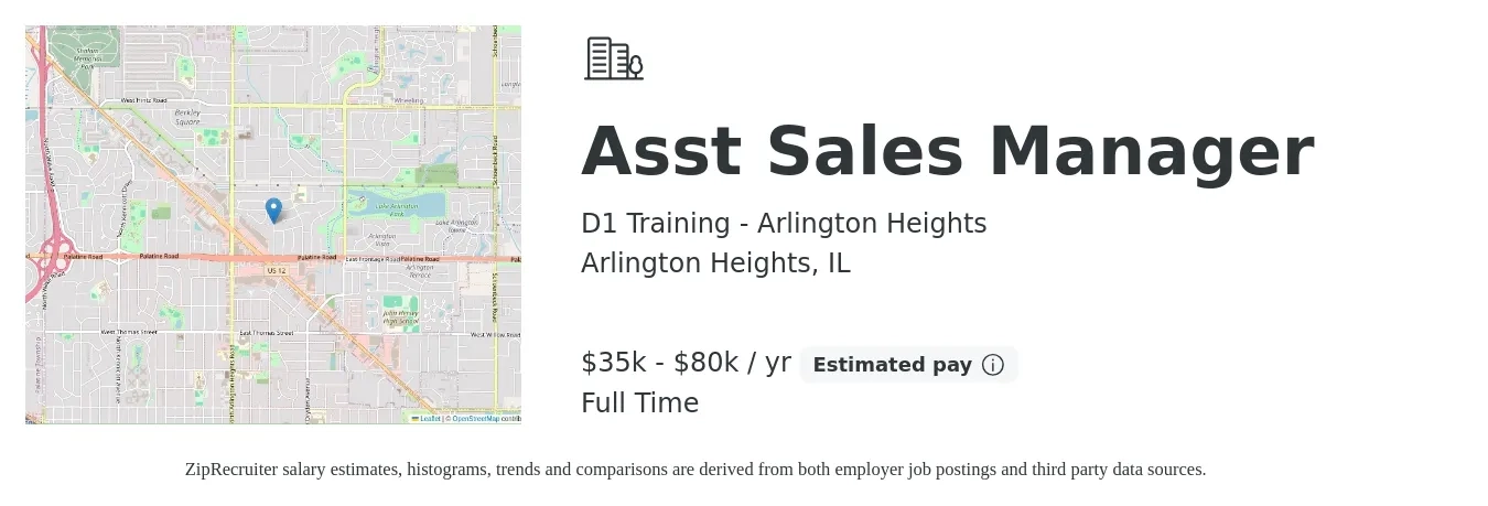 D1 Training - Arlington Heights job posting for a Asst Sales Manager in Arlington Heights, IL with a salary of $30,000 to $100,000 Yearly with a map of Arlington Heights location.