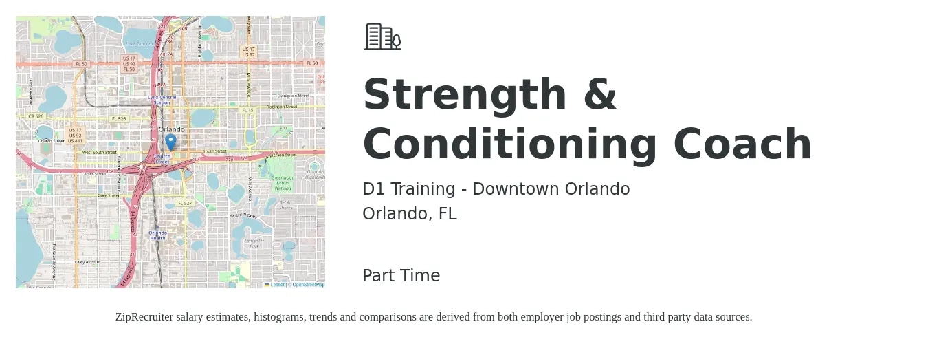 D1 Training - Downtown Orlando job posting for a Strength & Conditioning Coach in Orlando, FL with a salary of $19 to $27 Hourly with a map of Orlando location.