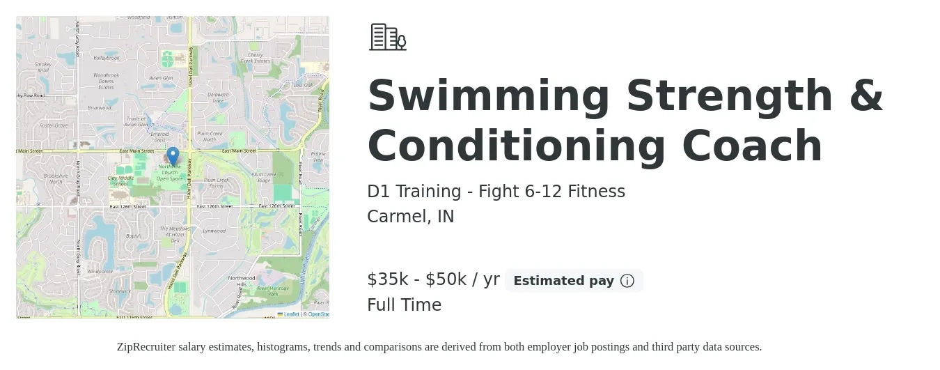 D1 Training - Fight 6-12 Fitness job posting for a Swimming Strength & Conditioning Coach in Carmel, IN with a salary of $35,000 to $50,000 Yearly with a map of Carmel location.