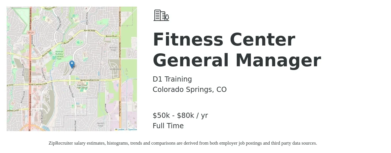 D1 Training job posting for a Fitness Center General Manager in Colorado Springs, CO with a salary of $50,000 to $80,000 Yearly with a map of Colorado Springs location.