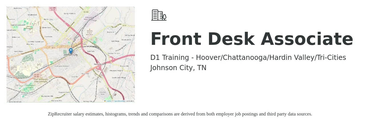 D1 Training - Hoover/Chattanooga/Hardin Valley/Tri-Cities job posting for a Front Desk Associate in Johnson City, TN with a salary of $10 Hourly with a map of Johnson City location.