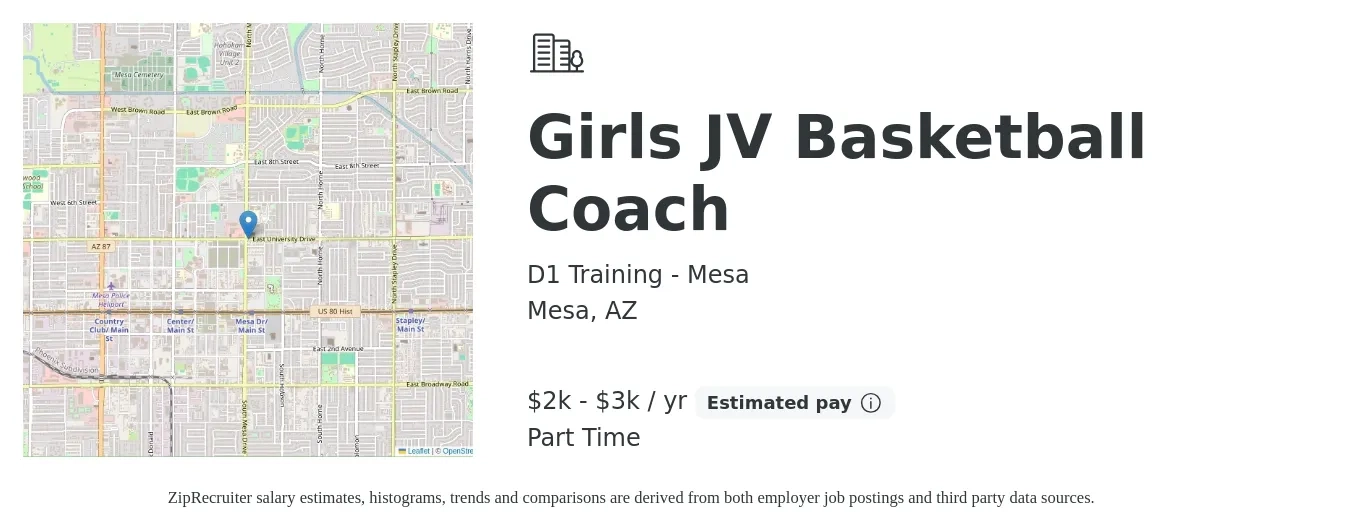 D1 Training - Mesa job posting for a Girls JV Basketball Coach in Mesa, AZ with a salary of $2,000 to $3,000 Yearly with a map of Mesa location.