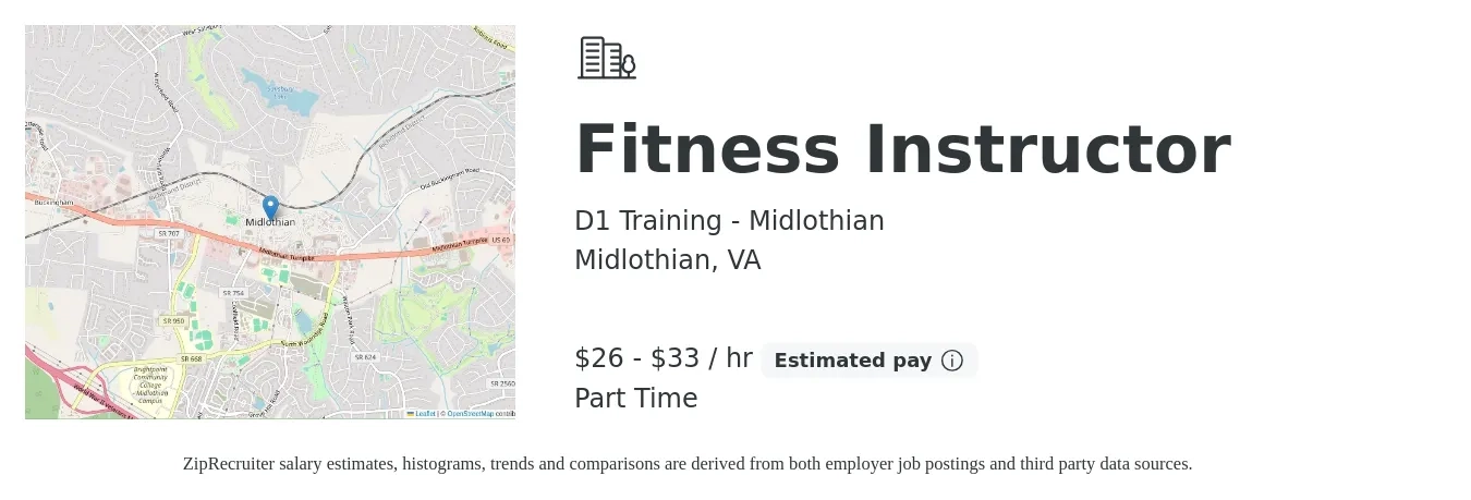 D1 Training - Midlothian job posting for a Fitness Instructor in Midlothian, VA with a salary of $28 to $35 Hourly with a map of Midlothian location.